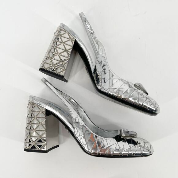 Prada Geometric Silver Metallic Logo Triangle Slingback Pumps In Argento IT 38 - Picture 3 of 13